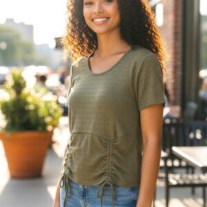 (A-21)SO Womens Ribbed Top XL Green Short Sleeve Ruched Drawstring Casual Blouse